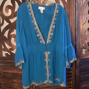 EUC Soft Surroundings XL teal blue, gold sequins & threading with bell sleeves.